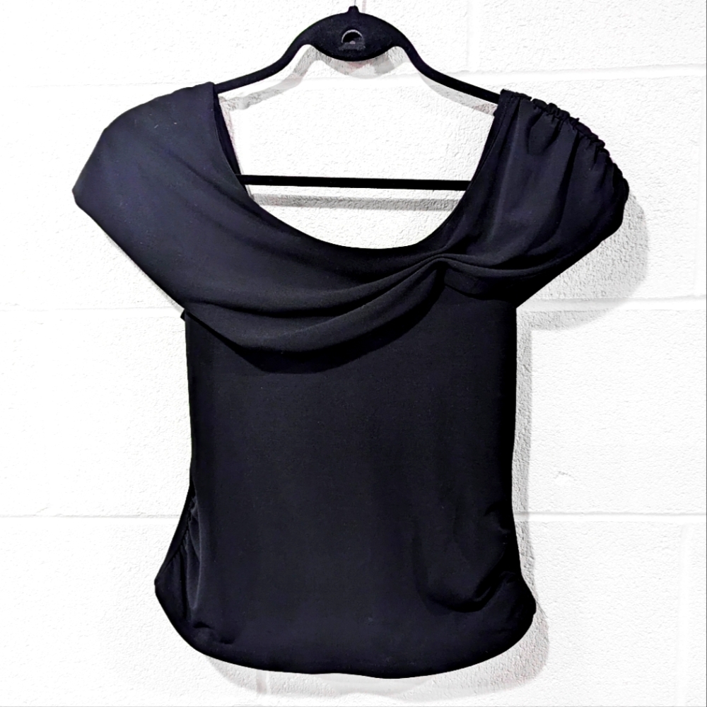 Gilani Women's Blouse Black Wide Swoop Neck Ruched Sleeves Stretchy Classic Soft